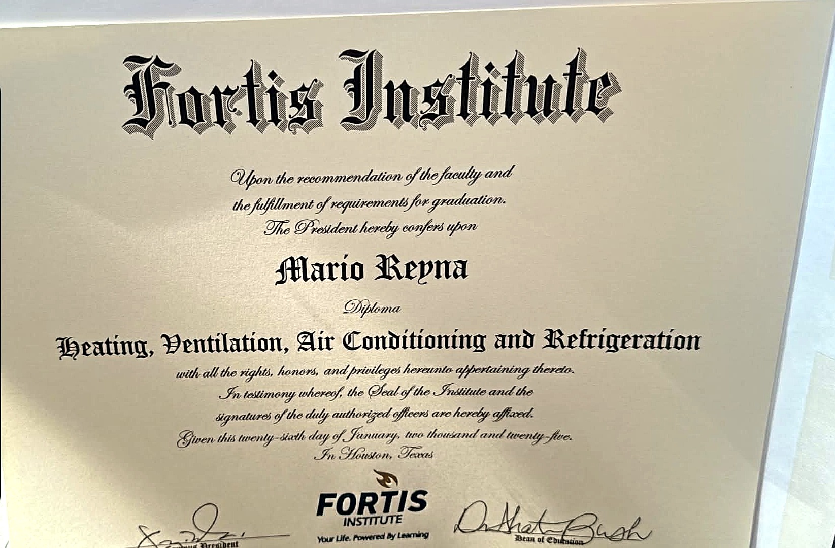 Mario Reyna Fortis Institute HVAC diploma